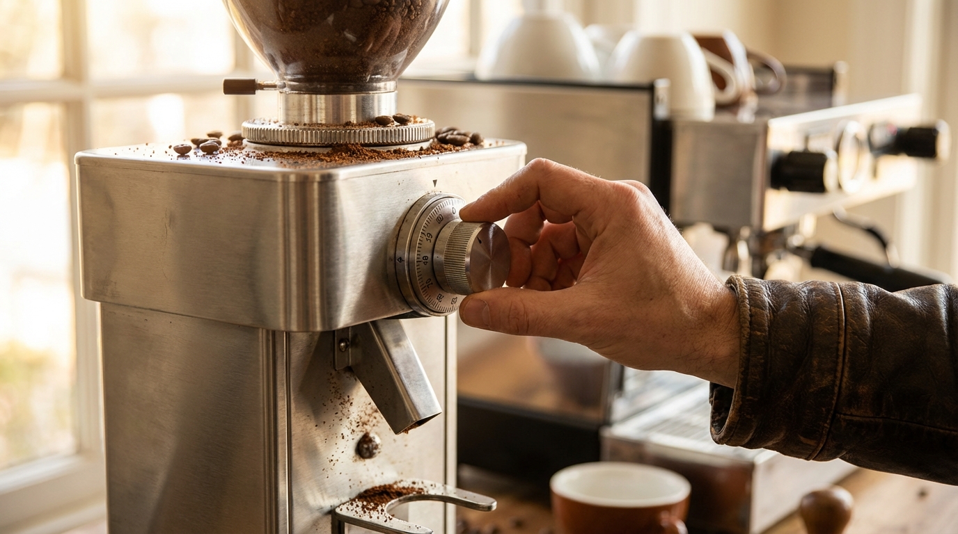 Hand adjusting the grind setting dial on a commercial coffee grinder