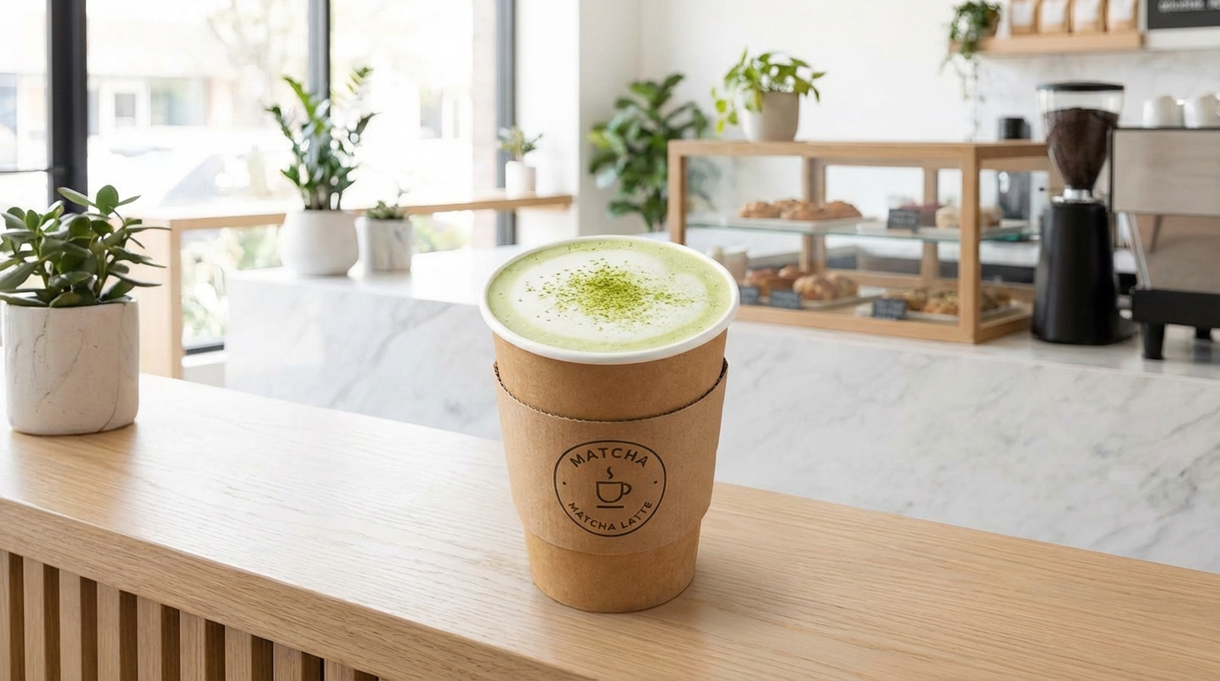 A creamy matcha green tea latte in a cafe setting