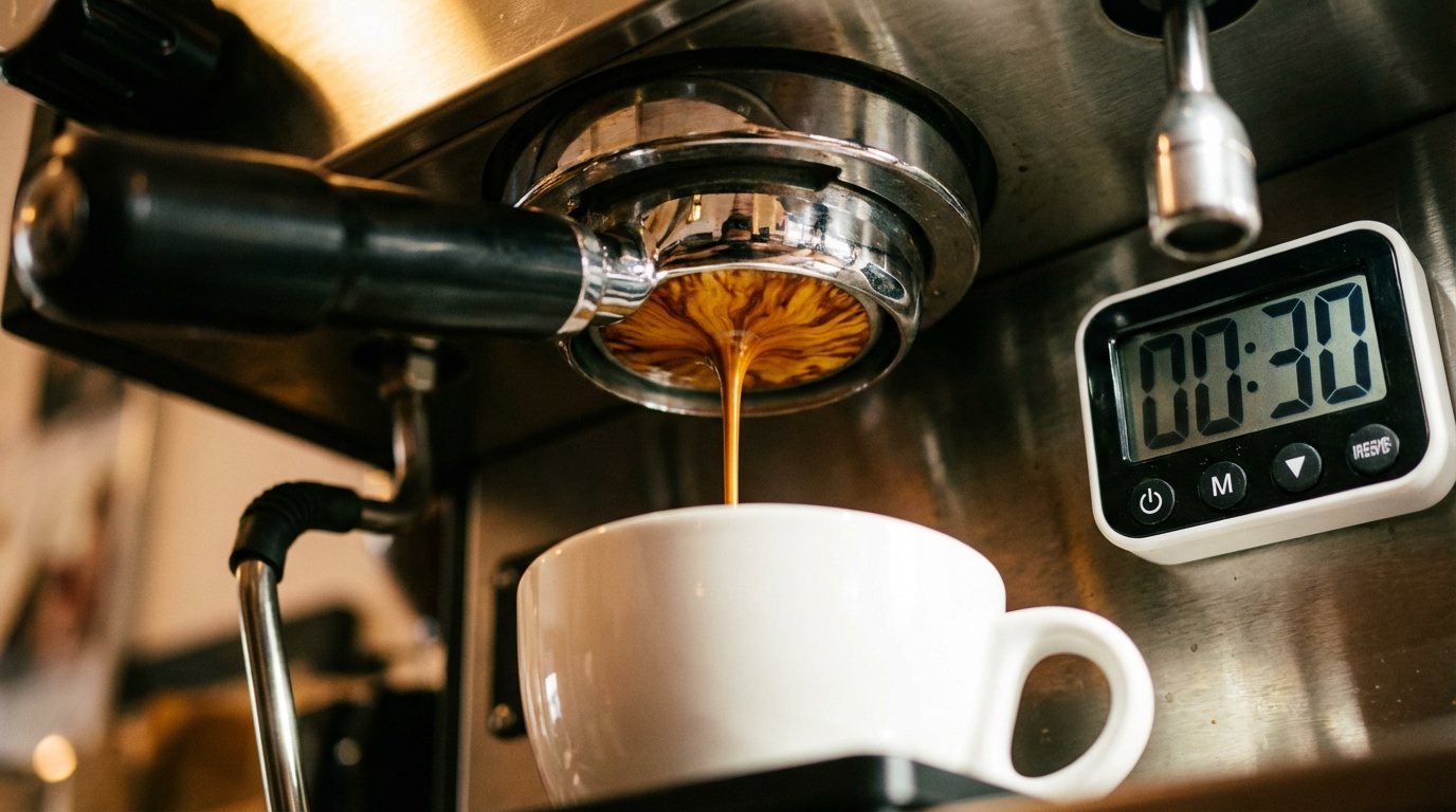 Espresso extracting from a portafilter with a timer showing 30 seconds