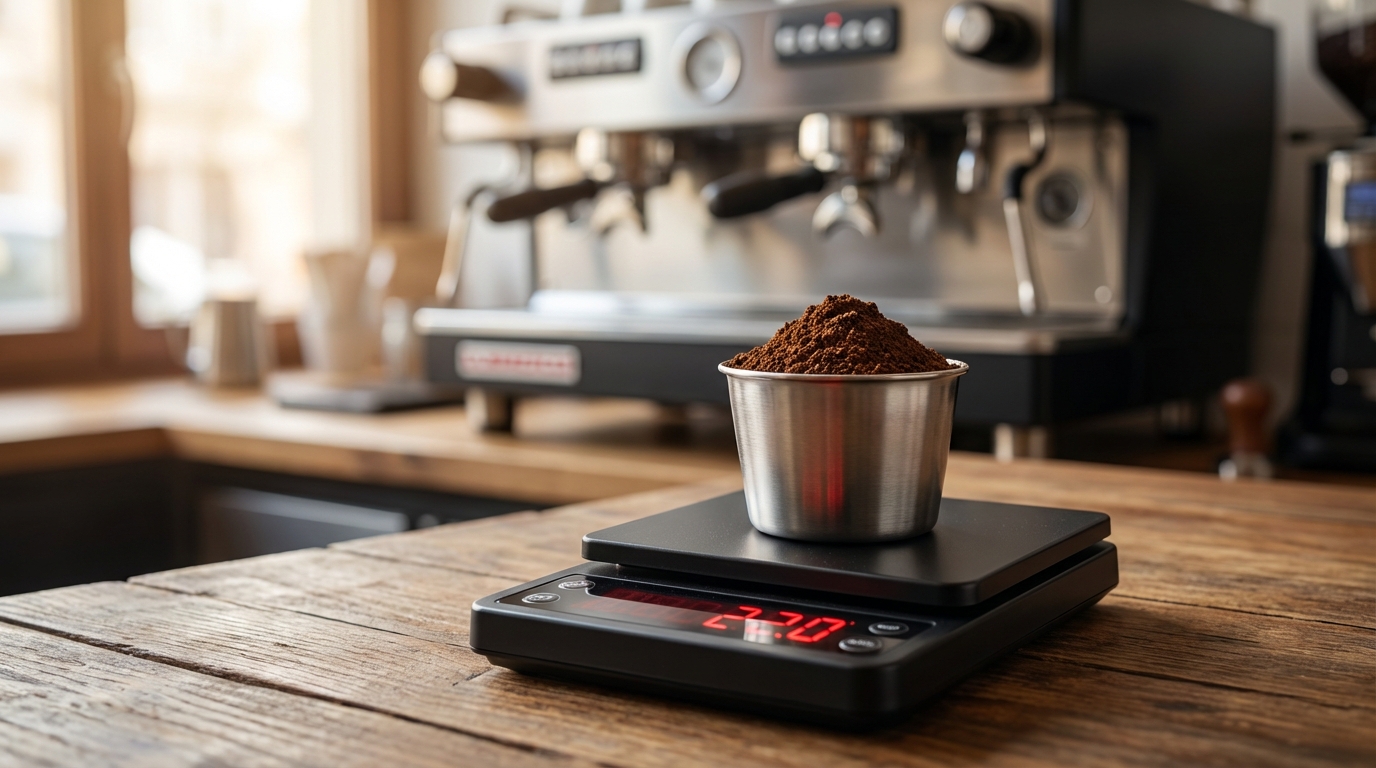 A stainless steel dosing cup filled with ground coffee resting on a digital scale showing 22 grams on a cafe countertop